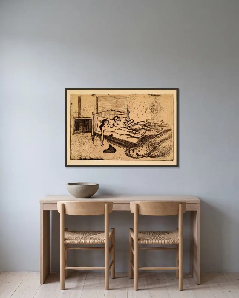 Die toten Liebenden (Doppelselbstmord) von Edvard Munch gerahmt an einer Wand