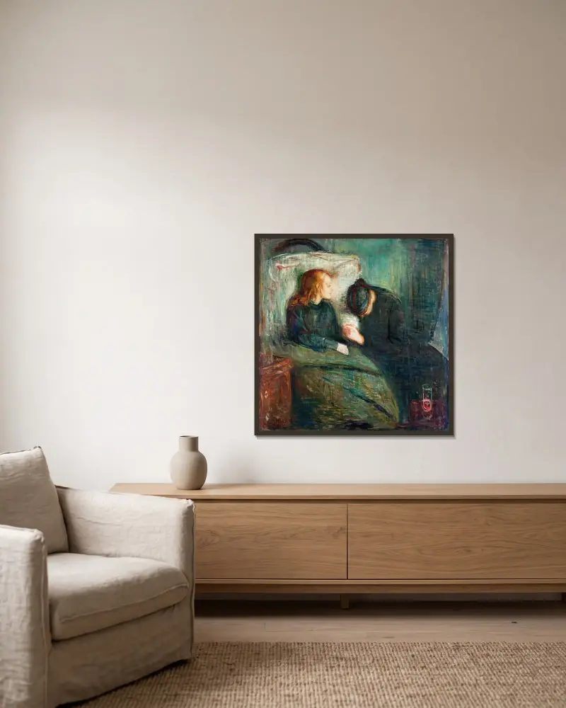 Das kranke Kind von Edvard Munch gerahmt an einer Wand