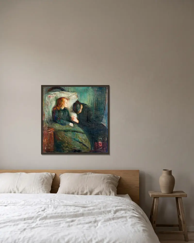 Das kranke Kind von Edvard Munch gerahmt an einer Wand