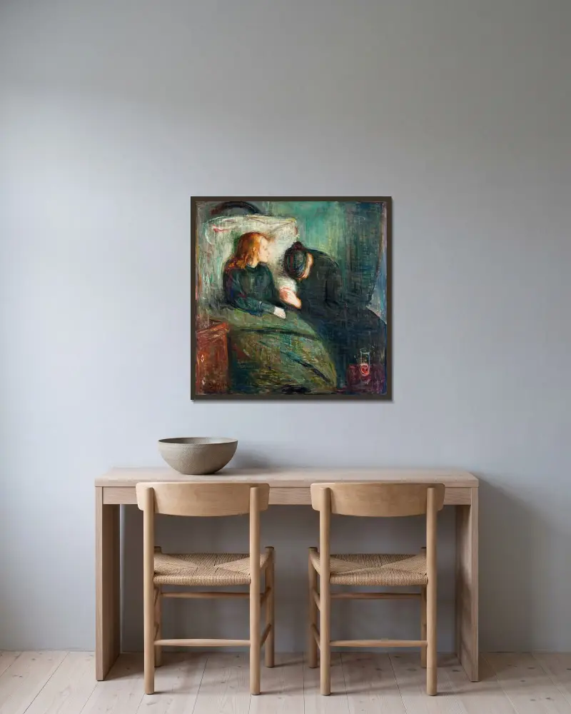 Das kranke Kind von Edvard Munch gerahmt an einer Wand