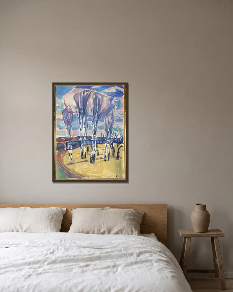 Die Straßenbahnschleife bei Skøyen von Edvard Munch gerahmt an einer Wand