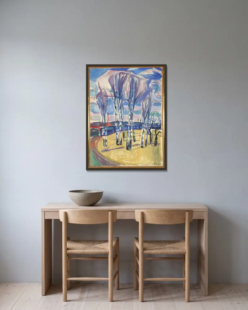 Die Straßenbahnschleife bei Skøyen von Edvard Munch gerahmt an einer Wand