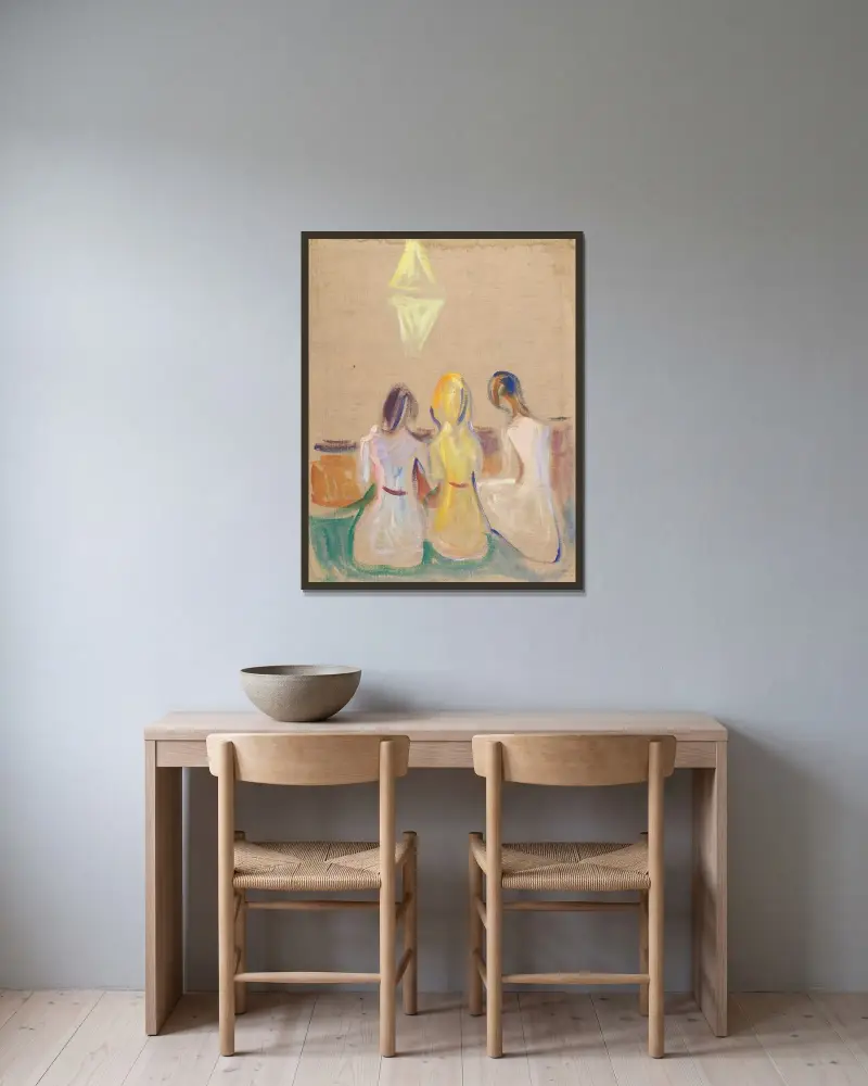 Three Seated Young Women av Edvard Munch inramad på en vägg