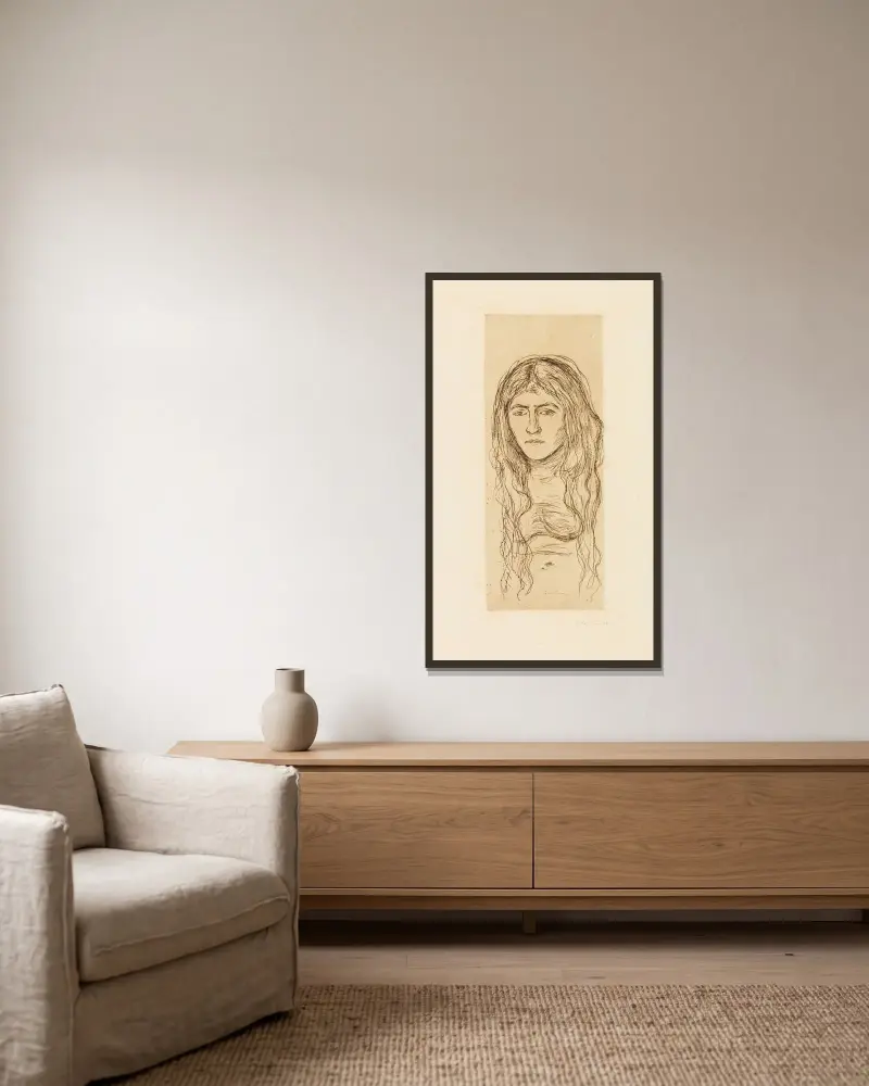 Žena s dlouhými vlasy, Edvard Munch v rámu na stěně