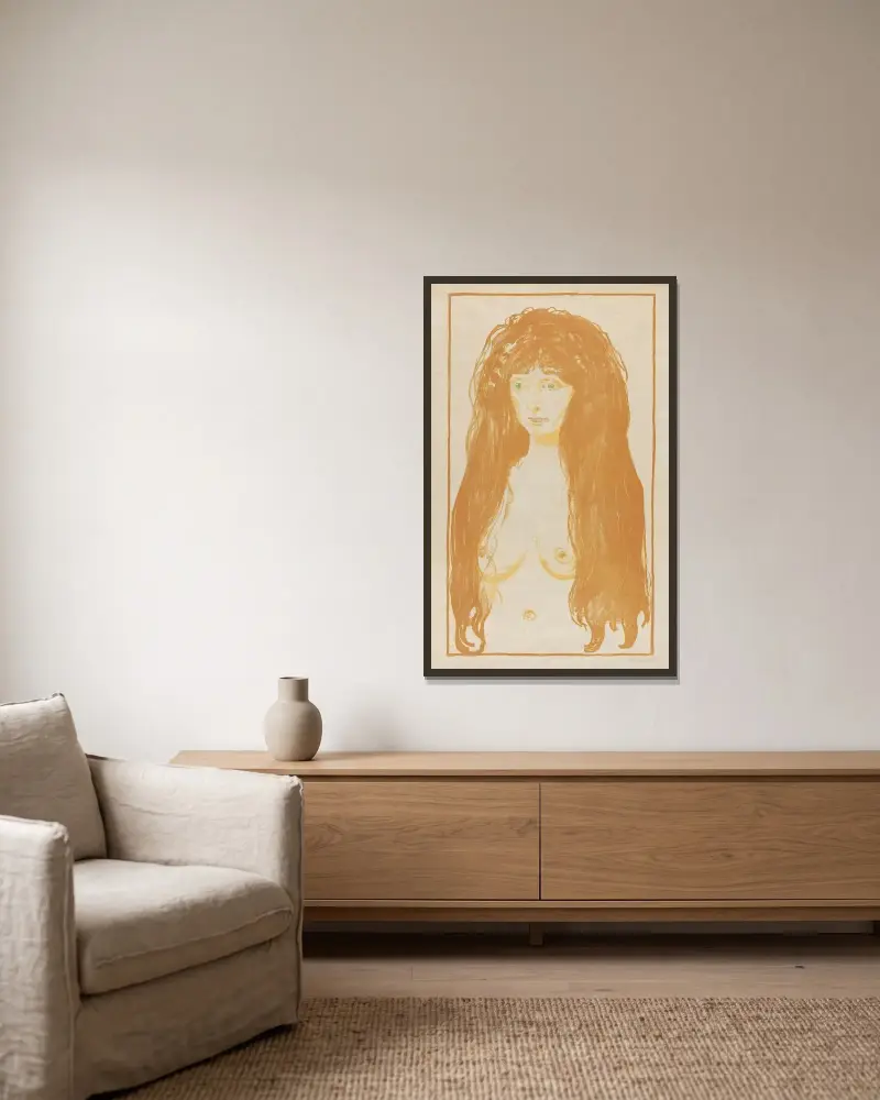 Weib mit rotem Haar und grünen Augen. Die Sünde av Edvard Munch inramad på en vägg