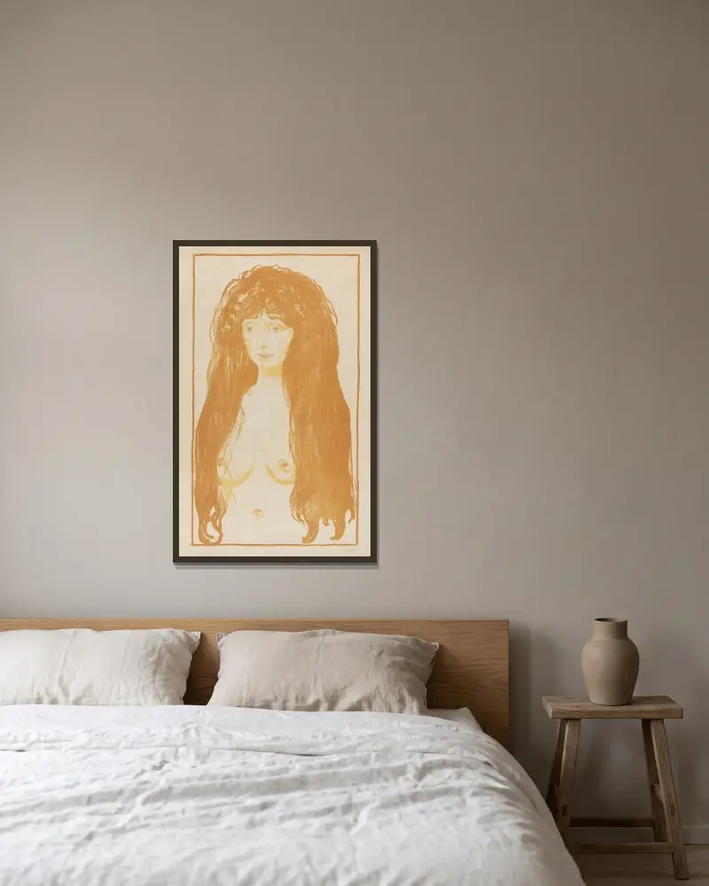 Weib mit rotem Haar und grünen Augen. Die Sünde av Edvard Munch inramad på en vägg