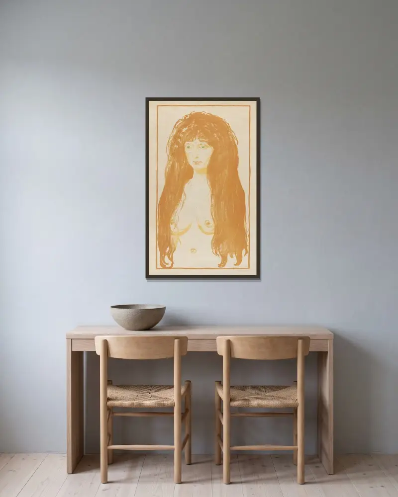 Weib mit rotem Haar und grünen Augen. Die Sünde av Edvard Munch inramad på en vägg