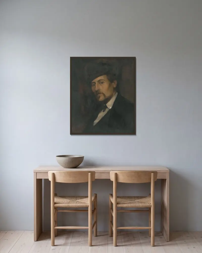 Self-portrait av Edvard Perséus inramad på en vägg