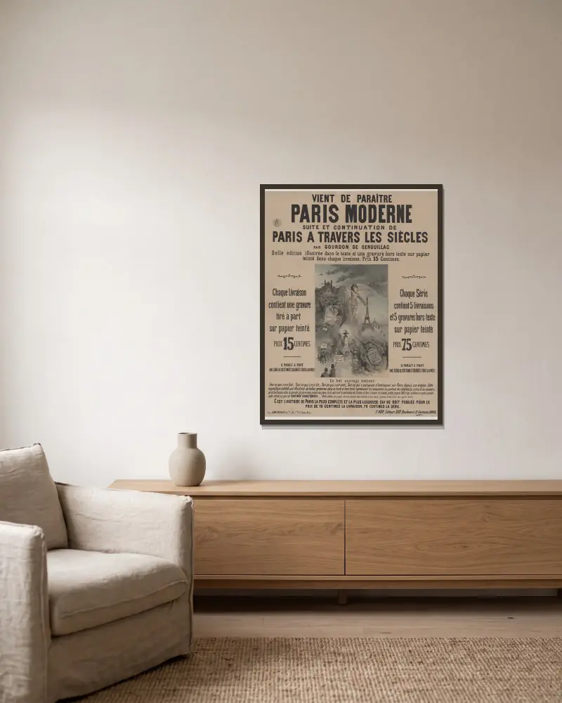 Vient de paraitre, Paris moderne, suite et continuation de Paris à travers les siècles av Edward Ancourt inramad på en vägg