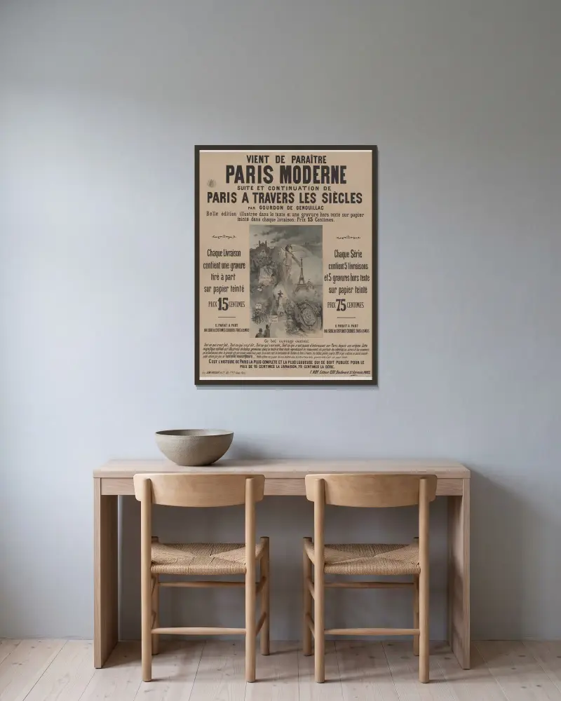 Vient de paraitre, Paris moderne, suite et continuation de Paris à travers les siècles av Edward Ancourt inramad på en vägg