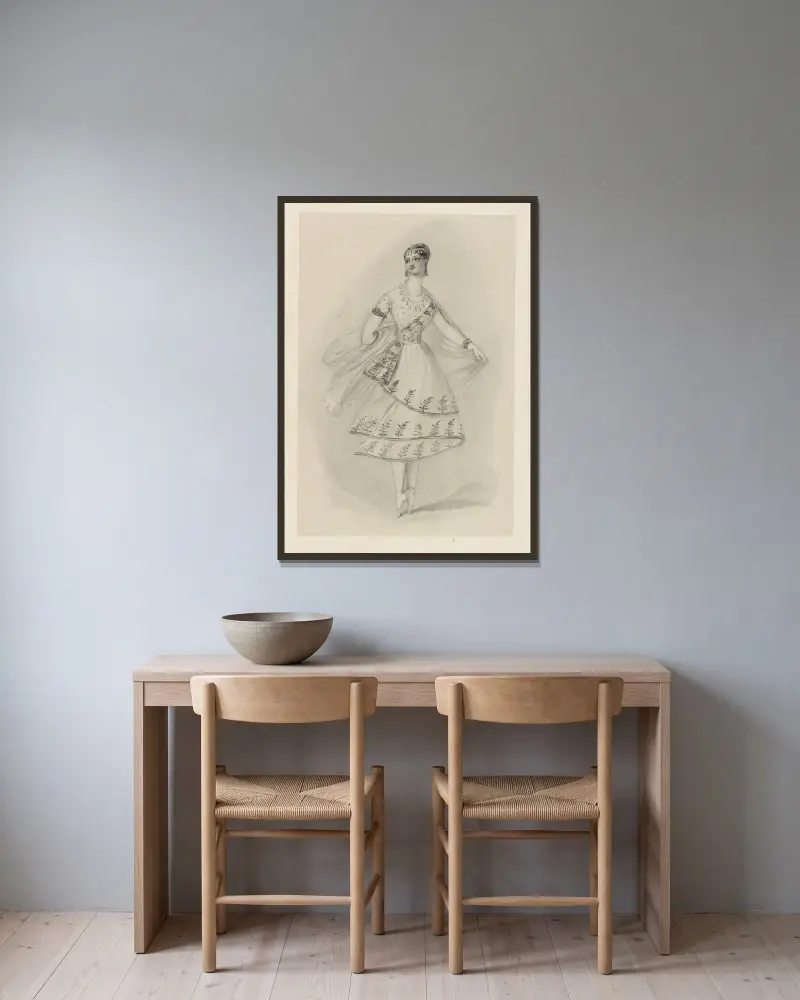 Marie Taglioni in „Der Gott und die Bajadere“ von Alfred Edward Chalon gerahmt an einer Wand