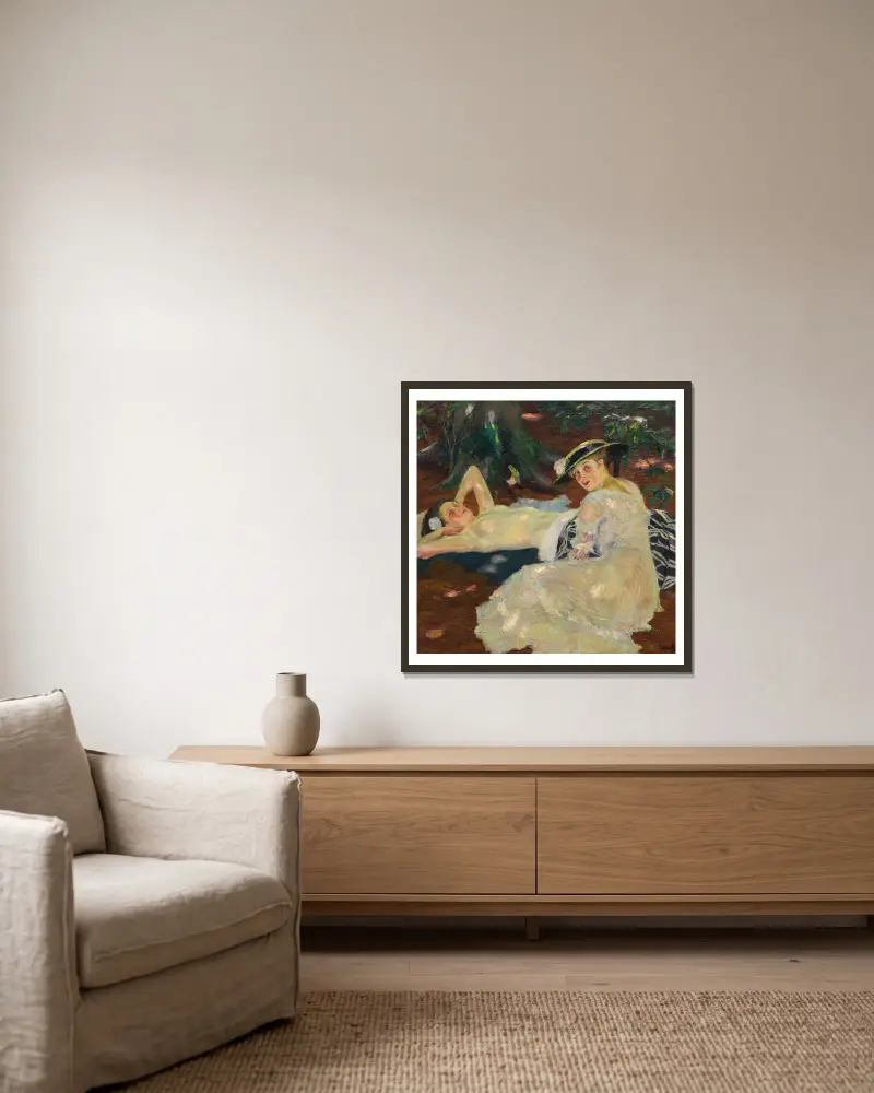 Heißer Tag (Zwei Damen unter den Bäumen) von Edward Cucuel gerahmt an einer Wand