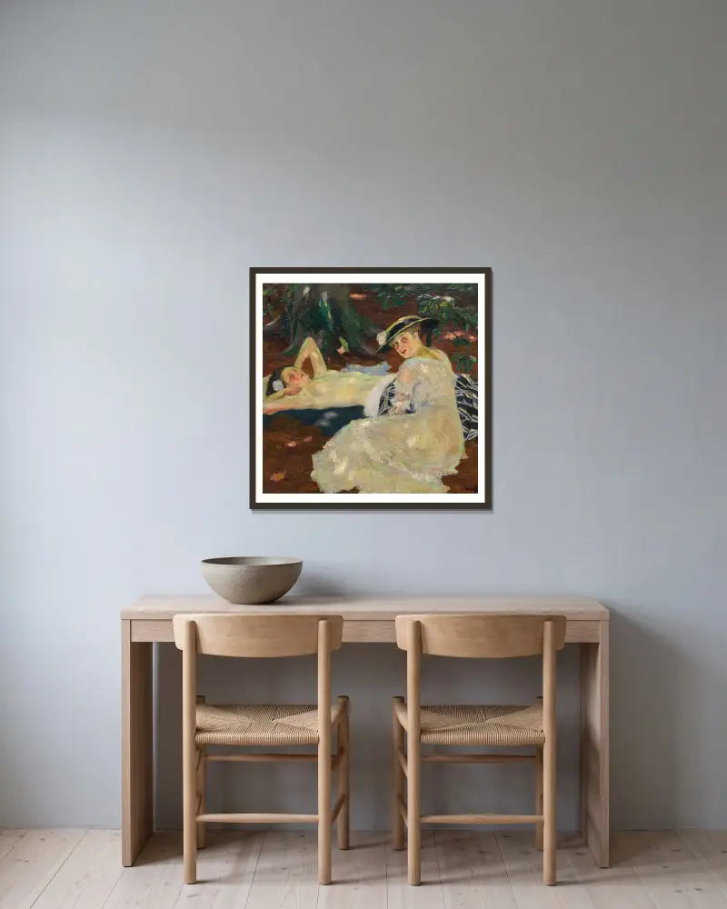 Heißer Tag (Zwei Damen unter den Bäumen) von Edward Cucuel gerahmt an einer Wand