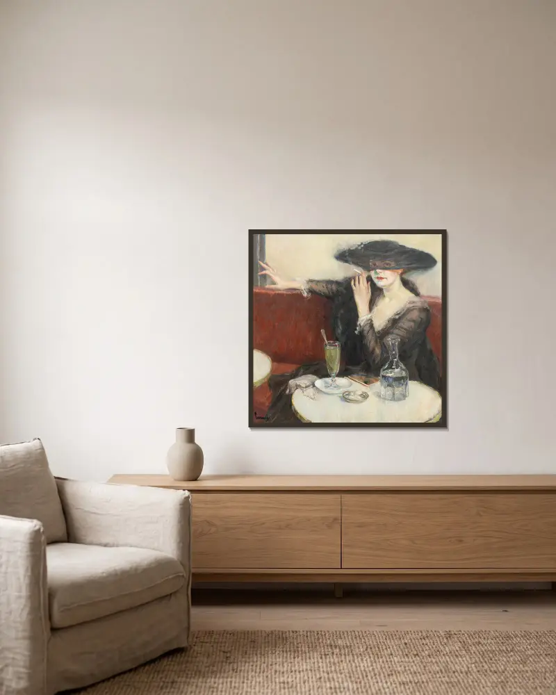 V kavárně, Edward Cucuel v rámu na stěně