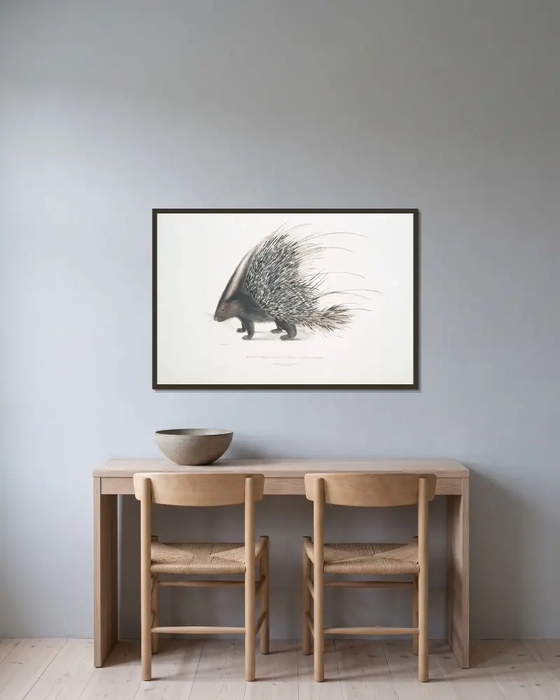 Indian Crested Porcupine, Histrix cristata. av John Edward Gray inramad på en vägg