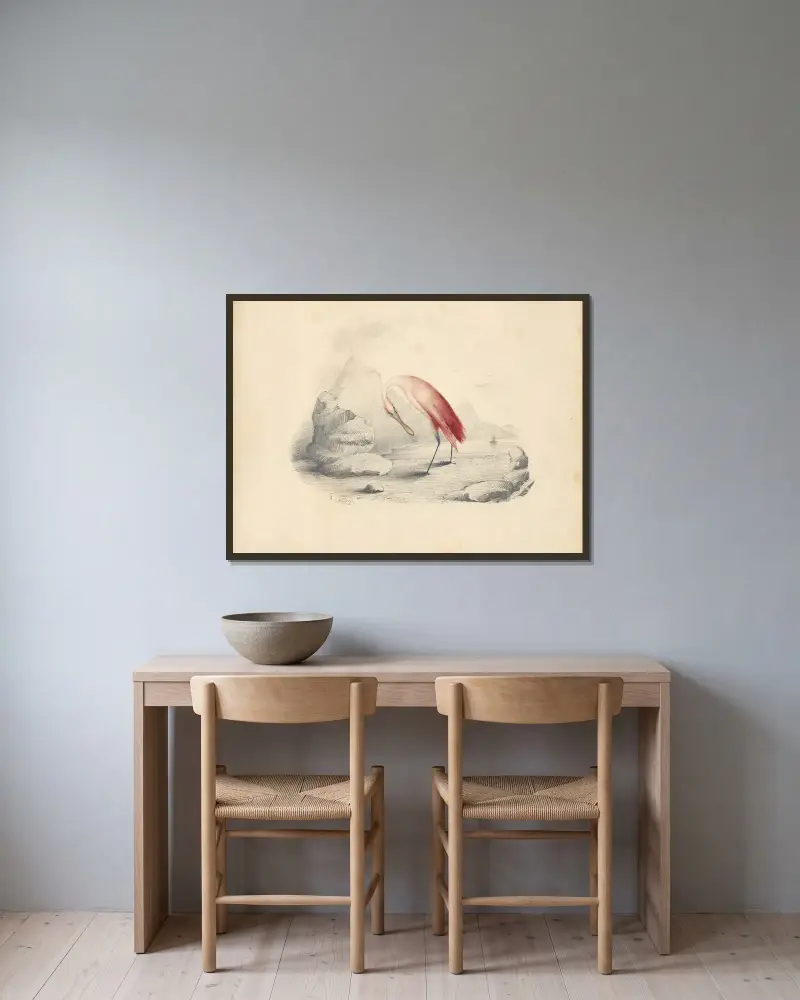 Ein Flamingo von Edward Lear gerahmt an einer Wand
