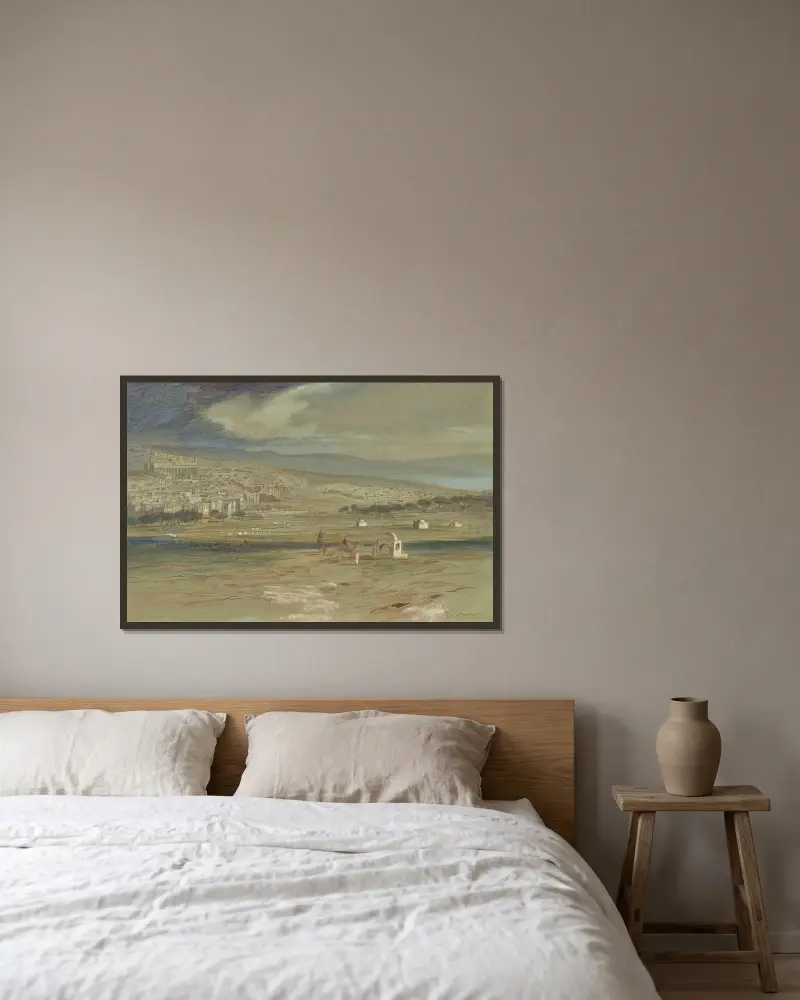 Widok miasta Hebron z wielbłądami i postaciami na pierwszym planie, Edward Lear w ramie na ścianie