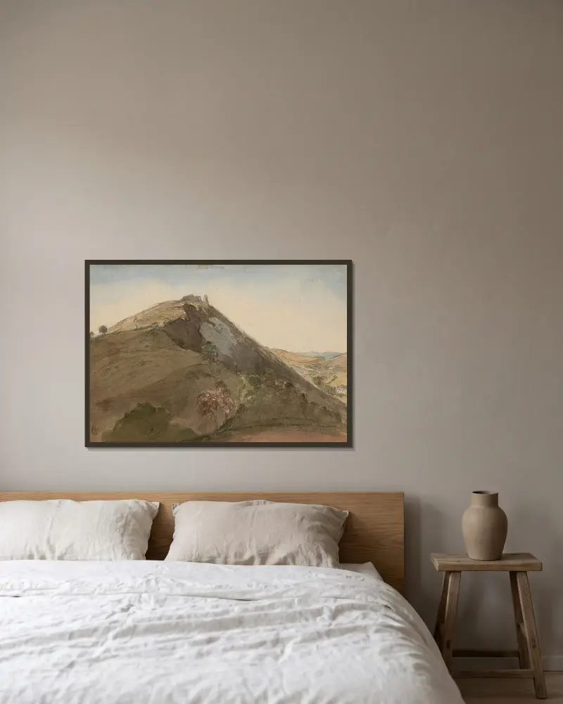 Engelskt landskap av Edward Lear inramad på en vägg