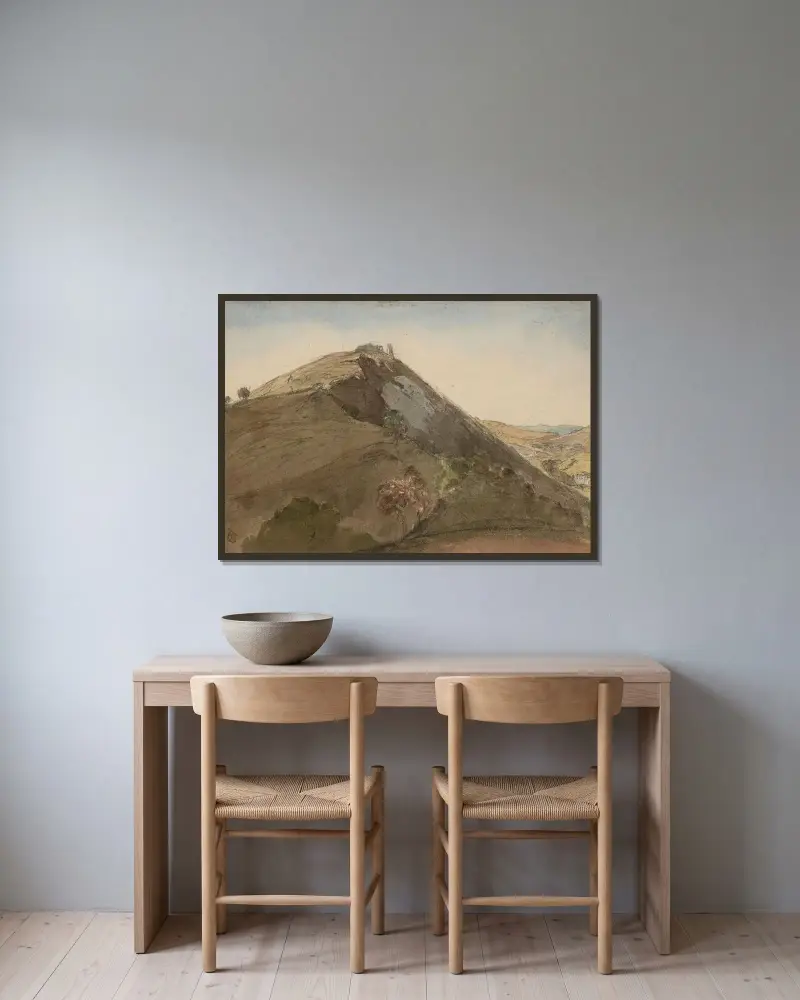 Engelskt landskap av Edward Lear inramad på en vägg