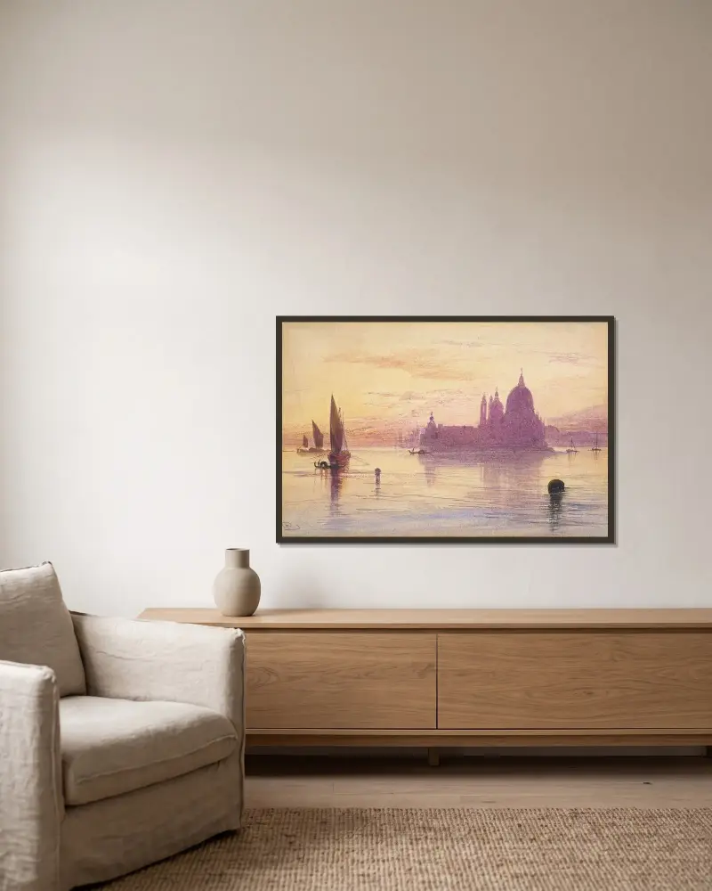 Santa Maria della Salute, Venedig, vid solnedgång av Edward Lear inramad på en vägg