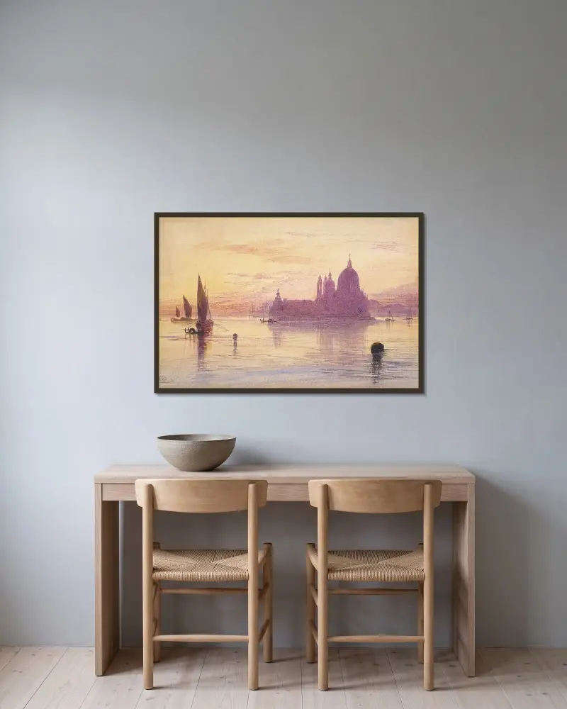 Santa Maria della Salute, Venedig, vid solnedgång av Edward Lear inramad på en vägg