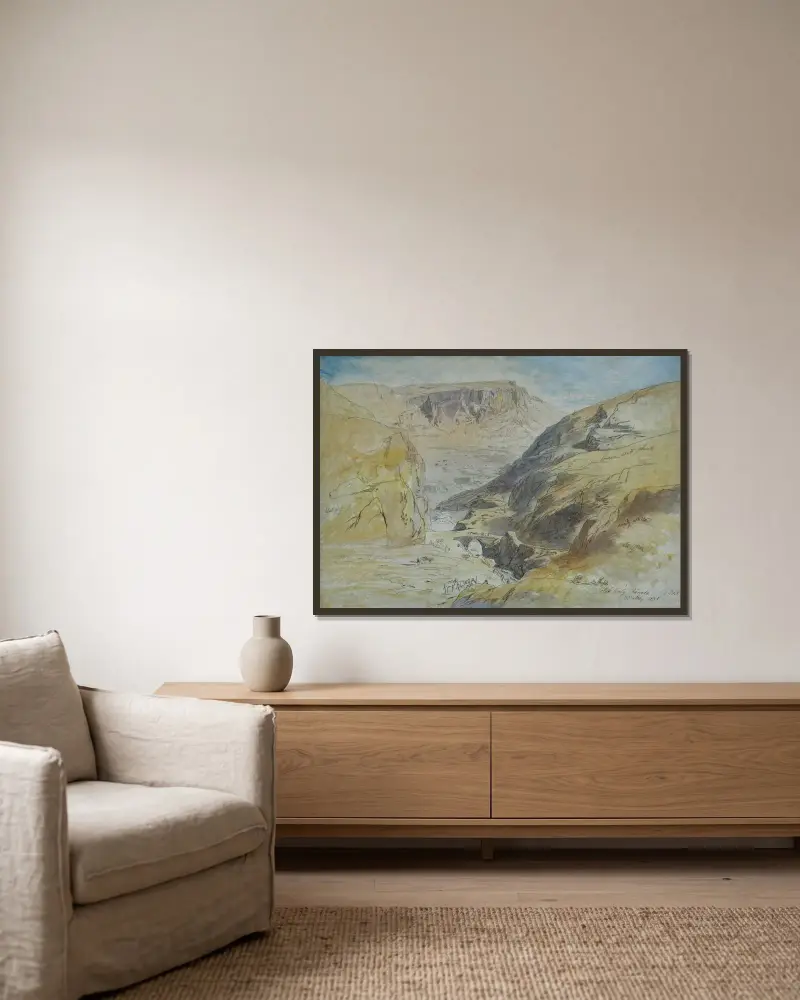 Klyftan vid Suk Wady Barada, Libanon av Edward Lear inramad på en vägg