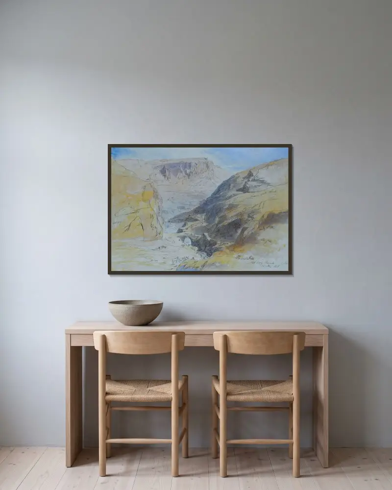 Klyftan vid Suk Wady Barada, Libanon av Edward Lear inramad på en vägg