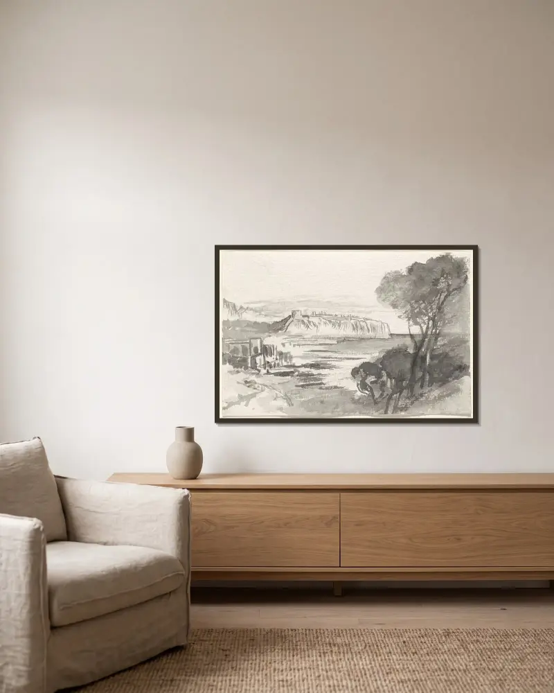 Blick über eine Bucht (Monaco) von Edward Lear gerahmt an einer Wand