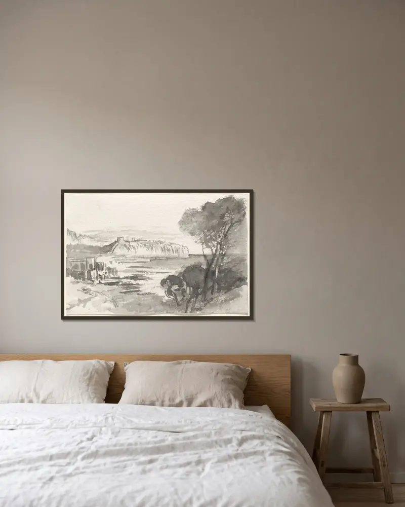 Blick über eine Bucht (Monaco) von Edward Lear gerahmt an einer Wand