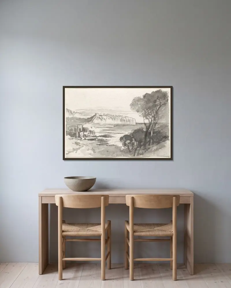 Blick über eine Bucht (Monaco) von Edward Lear gerahmt an einer Wand