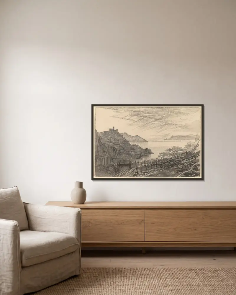 Vy över en vik från en sluttning (Amalfi) av Edward Lear inramad på en vägg