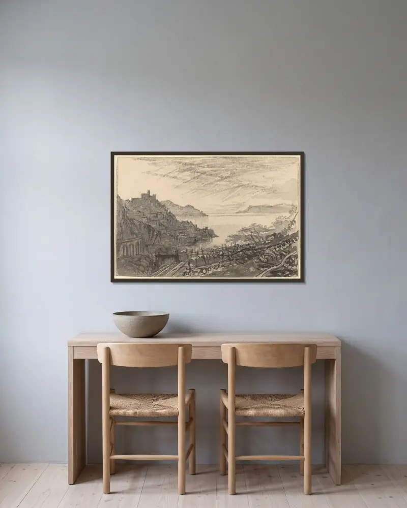 Vy över en vik från en sluttning (Amalfi) av Edward Lear inramad på en vägg