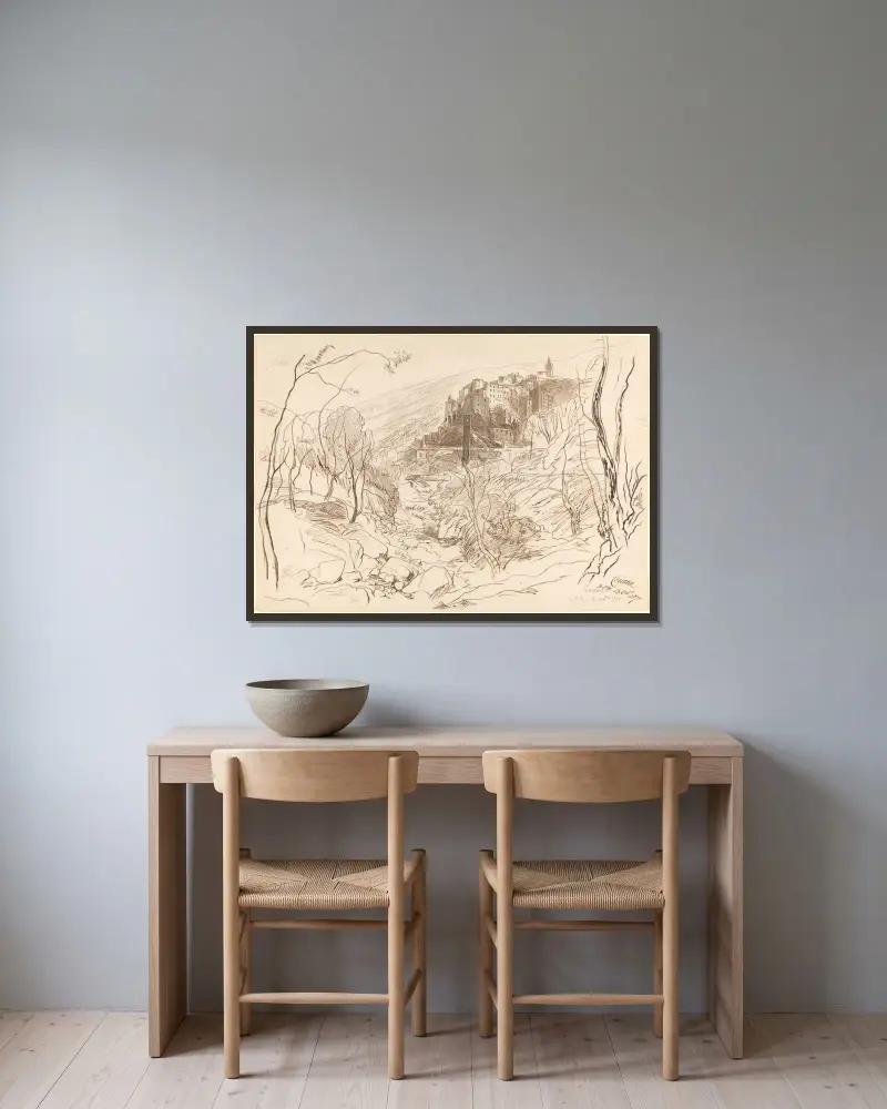 Utsikt över Ceriana av Edward Lear inramad på en vägg