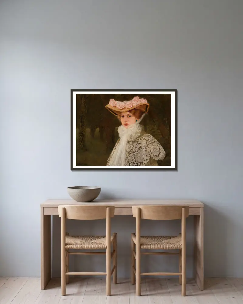 Portrait of Zofia Okuń née Tolkemit, the artist’s wife av Edward Okuń inramad på en vägg