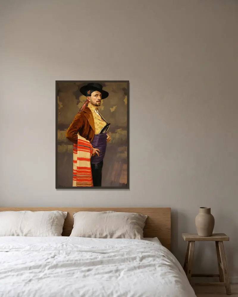 Self-portrait in a Spanish costume av Edward Okuń inramad på en vägg