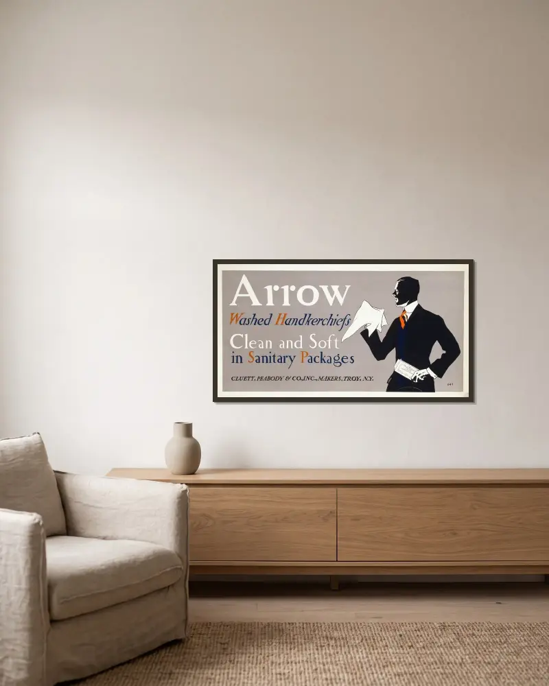 Arrow washed handkerchiefs, clean and soft in sanitary packages av Edward Penfield inramad på en vägg