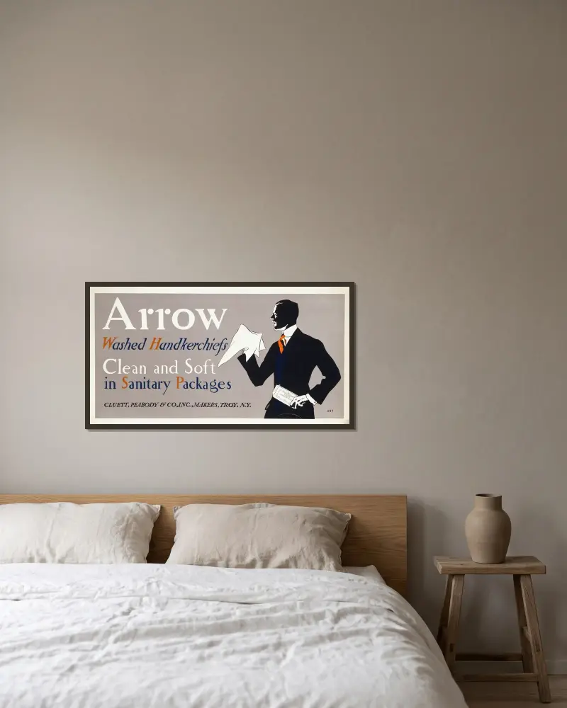 Arrow washed handkerchiefs, clean and soft in sanitary packages av Edward Penfield inramad på en vägg