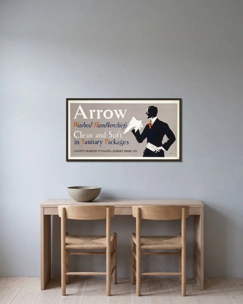 Arrow washed handkerchiefs, clean and soft in sanitary packages av Edward Penfield inramad på en vägg