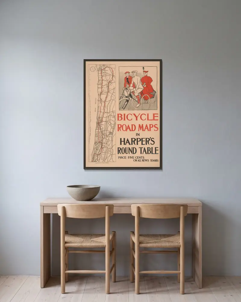 Bicycle road maps in Harper’s Round Table av Edward Penfield inramad på en vägg