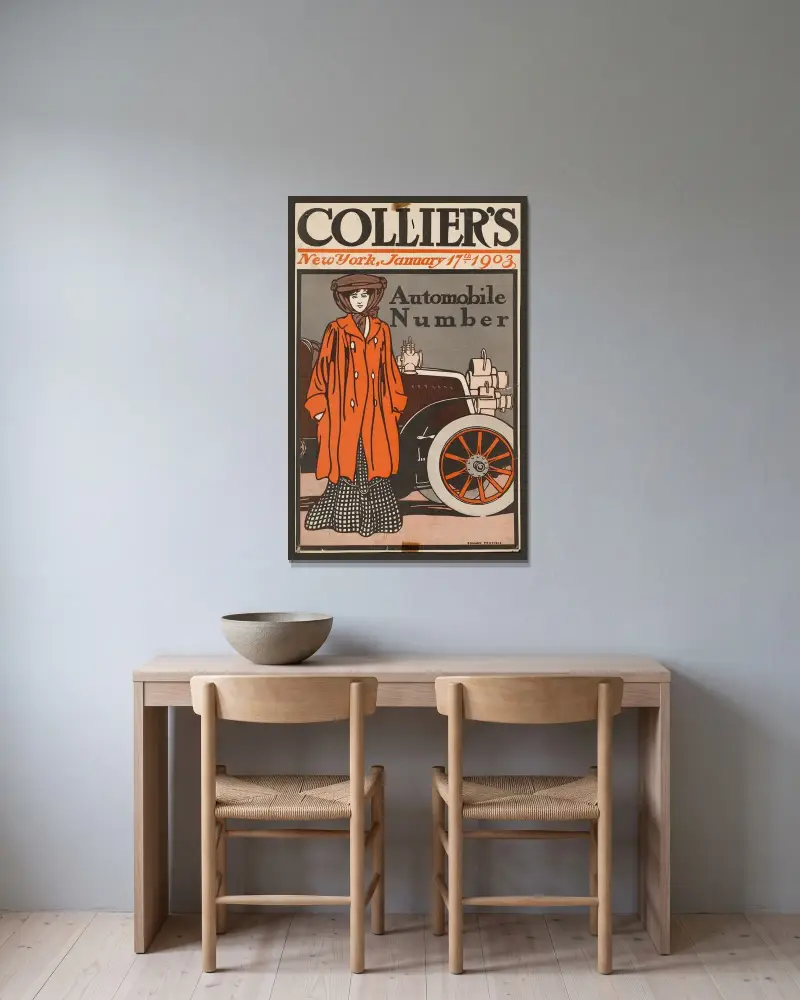 Collier’s automobile number av Edward Penfield inramad på en vägg