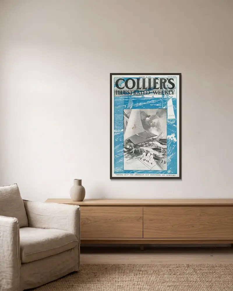 Collier’s Illustrated Weekly, ‘Trying Out’ The America’s Cup Defenders Off Newport av Edward Penfield inramad på en vägg