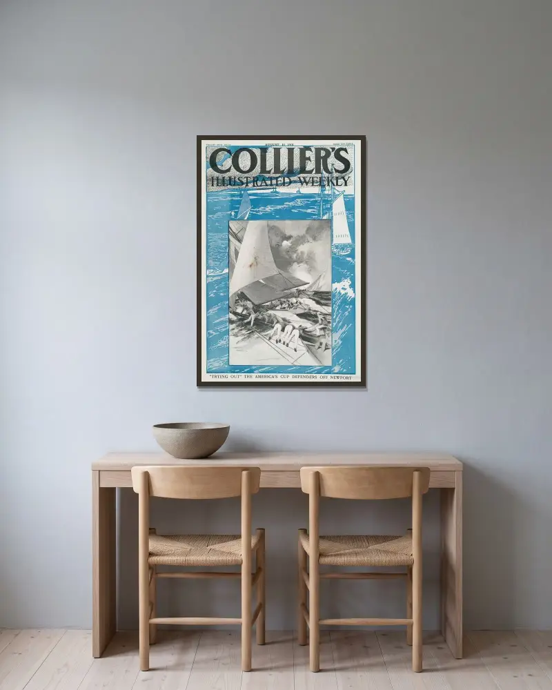 Collier’s Illustrated Weekly, ‘Trying Out’ The America’s Cup Defenders Off Newport av Edward Penfield inramad på en vägg
