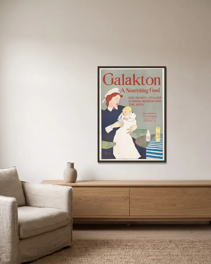 Galakton, a nourishing food for infants, invalids, nursing mothers, & the aged av Edward Penfield inramad på en vägg