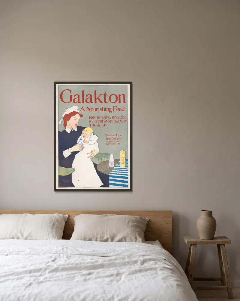 Galakton, a nourishing food for infants, invalids, nursing mothers, & the aged av Edward Penfield inramad på en vägg