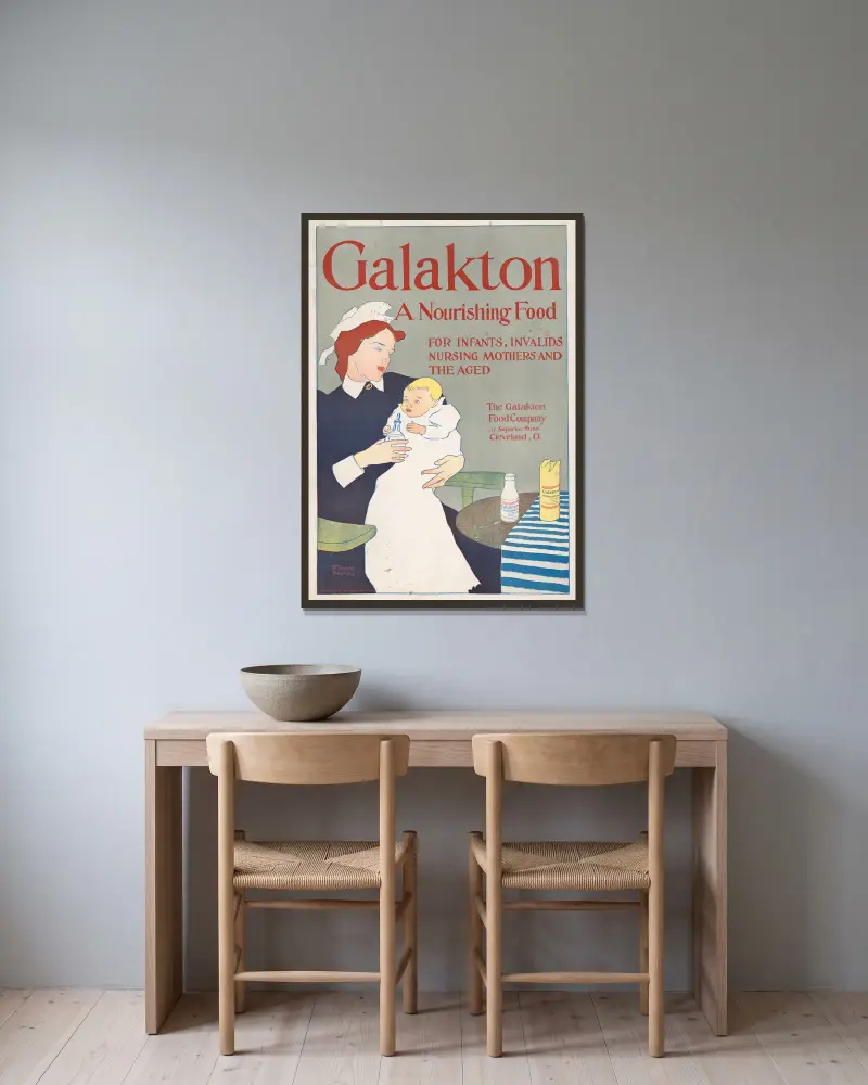 Galakton, a nourishing food for infants, invalids, nursing mothers, & the aged av Edward Penfield inramad på en vägg