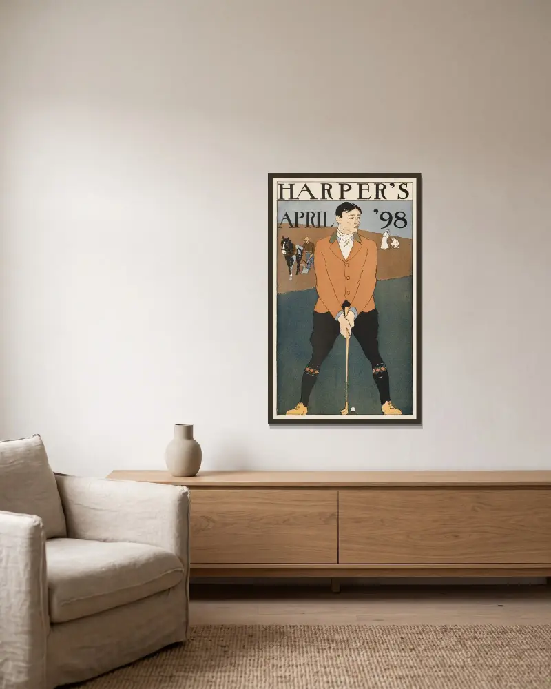 Harper’s April ’98 av Edward Penfield inramad på en vägg