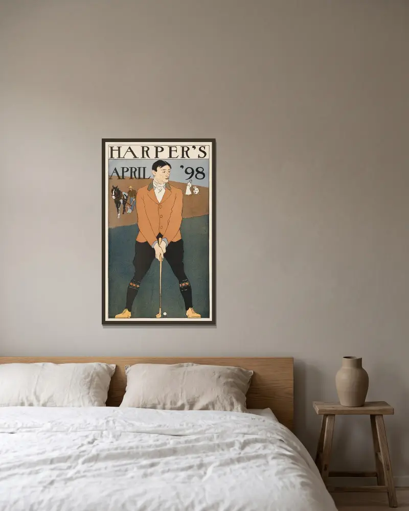 Harper’s April ’98 av Edward Penfield inramad på en vägg