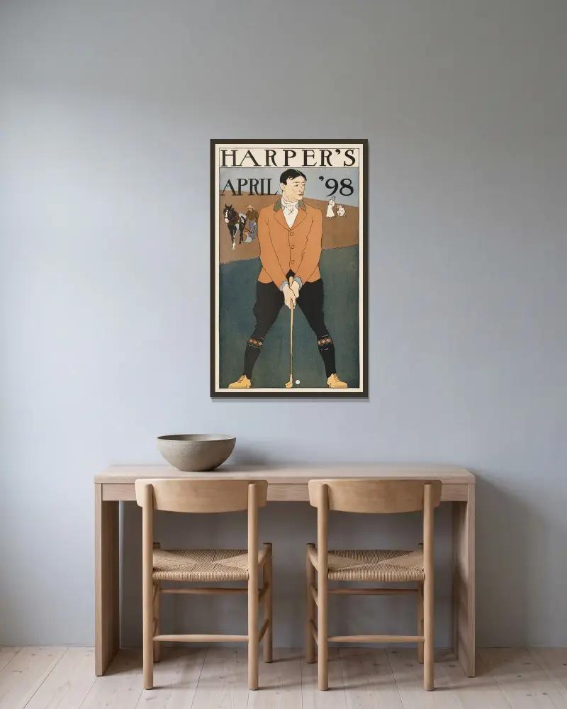 Harper’s April ’98 av Edward Penfield inramad på en vägg