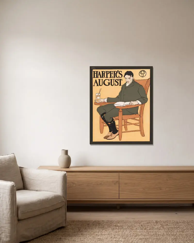 Harper’s August av Edward Penfield inramad på en vägg