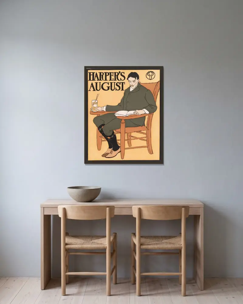 Harper’s August av Edward Penfield inramad på en vägg